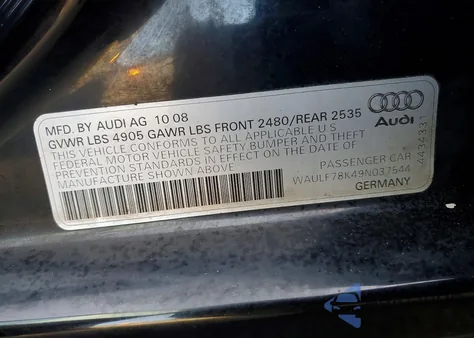 2009 Audi A4 2.0T Quattro from USA, damaged, VIN WAULF78K49N037544